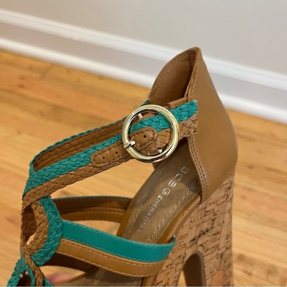 BCBGeneration Sanford Teal & Cognac Cork Platform Open Toe Sandals Size 6.5B - Picture 6 of 16